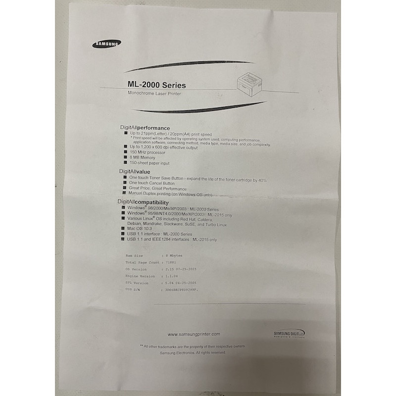Samsung ML-2015 Printer (A4, laser, black and white, USB, 71881 pages)
