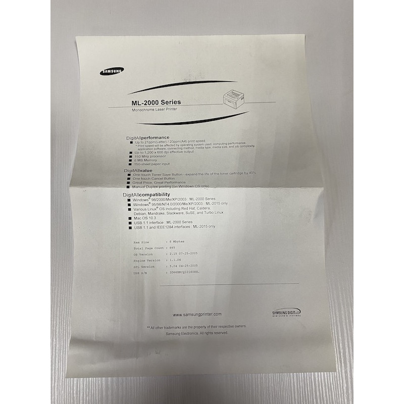 БУ Принтер Samsung ML-2015 (A4, лазерний, чорно-біла, USB, 700 стор.)