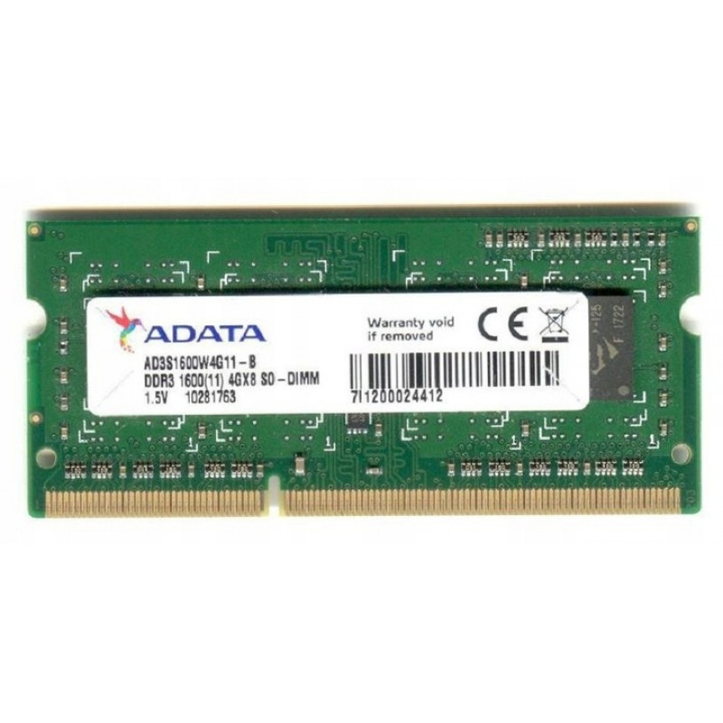БУ Оперативная память 4 ГБ, DDR3, для ноутбуков, ADATA (1600 МГц, 1.5 В, CL11, AD3S1600W4G11-B)