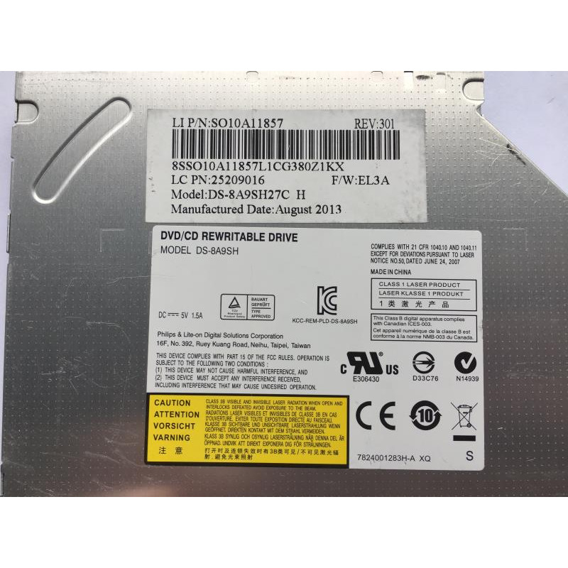 Used Laptop Drive Lite-On DS-8A9SH27C, Black, Slim, DVD-RW, SATA, 12.7 mm