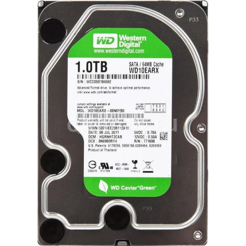 Used Hard drive 1 TB Western Digital (3.5", 5400 rpm, 64 MB, SATAIII, WD10EARX)