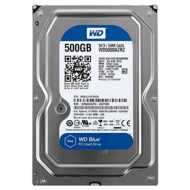 Used Hard drive 500 GB Western Digital (for PC, 3.5", 5400 rpm, 64 MB, SATAIII, WD5000AZRZ)