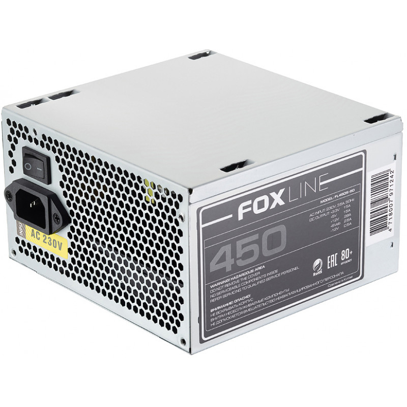 Power supply unit 450 W Foxline, 24+4 pin, video card power - 1x6pin, 120 mm, ATX, FL450S