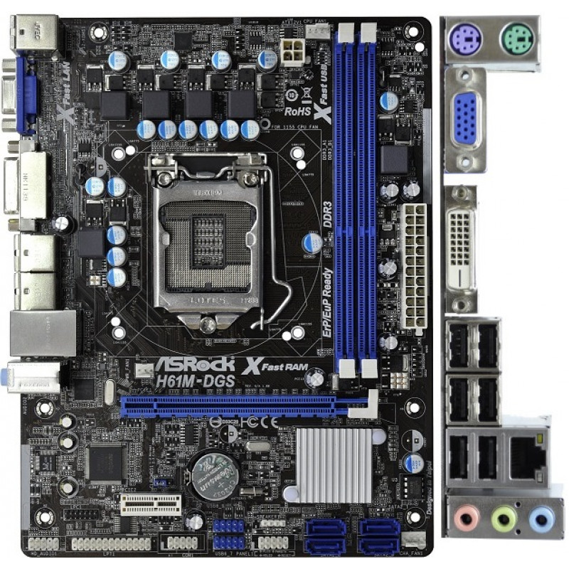 Used Motherboard s1155, ASRock H61M-DGS (2xDDR3, Intel H61, PCI-Ex16x1, VGA, DVI, microATX)