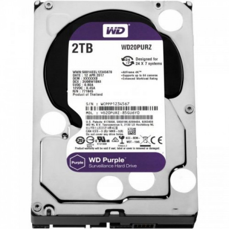 БУ Жорсткий диск 2 ТБ Western Digital (для ПК, 3.5", 5400 об/хв, 64 МВ, SATAIII, WD20PURZ)