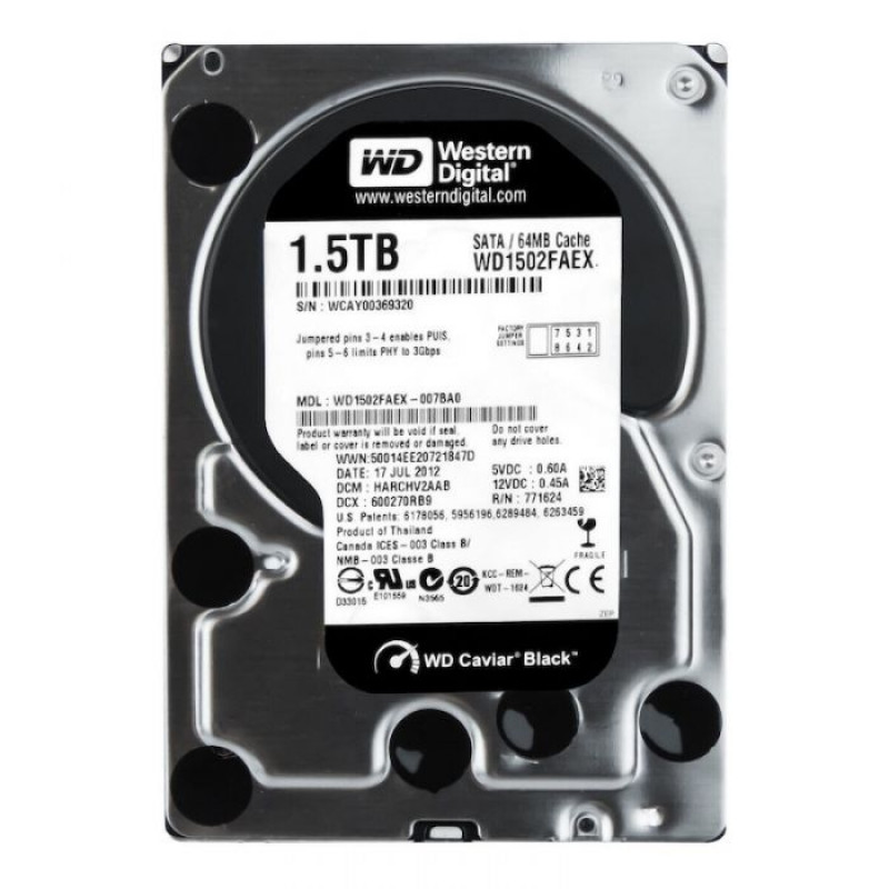 Used Hard drive 1.5 TB Western Digital (for PC, 3.5", 7200 rpm, 64 MB, SATAIII, WD1502FAEX)