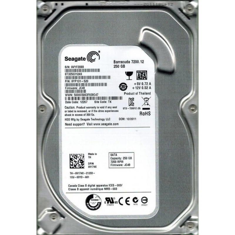Used Hard drive 250 GB Seagate (for PC, 3.5", 7200 rpm, 8 MB, SATAII, ST3250312AS)