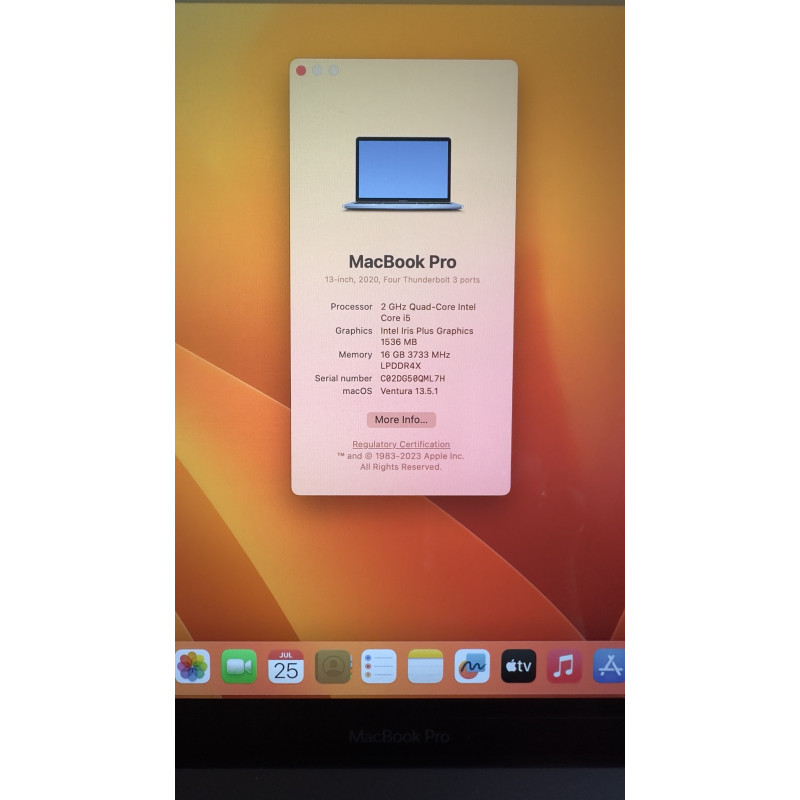Used Laptop 13" Apple MacBook Pro 2020 Space Gray, i5-1038NG7, 16GB DDR4, Intel Iris, 512GB SSD